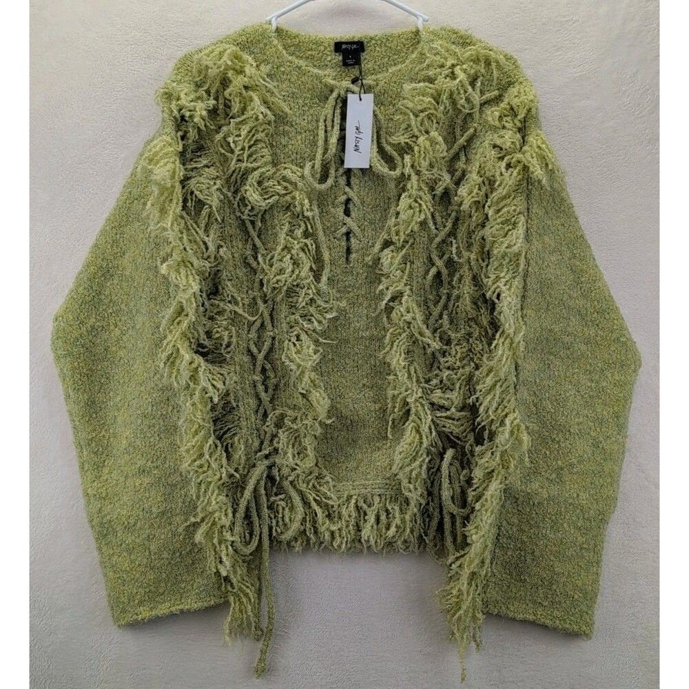 Nasty Gal Olive Green Textured Fringe V-Neck Sweater